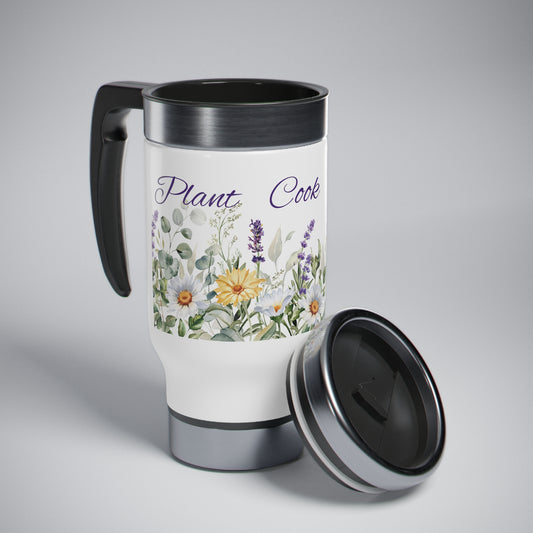 Watercolor Flower  - Plant Cook Nourish - Stainless Steel Travel Mug with Handle, 14oz